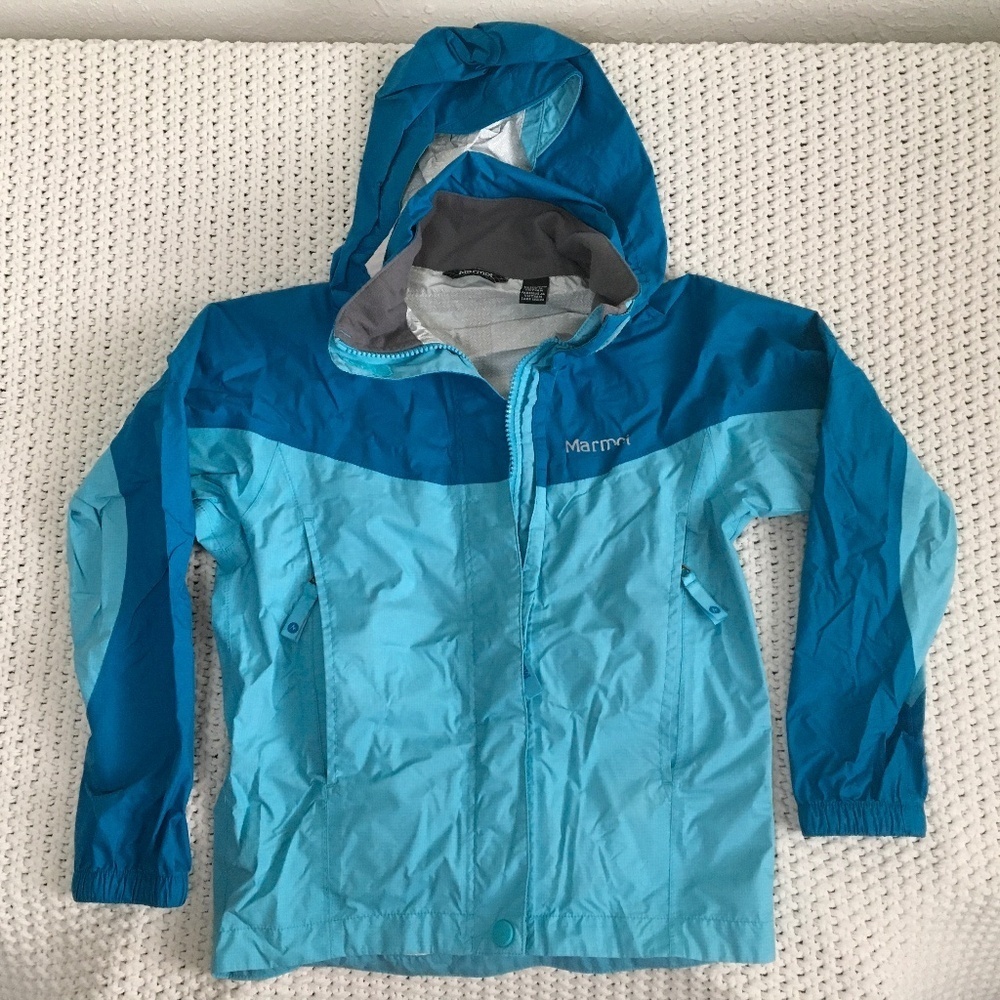 MARMOT WINDBREAKER ZIPPER JACKET WITH POCKETS AND HIDE A HOOD, TEAL/BLUE GIRL XS
